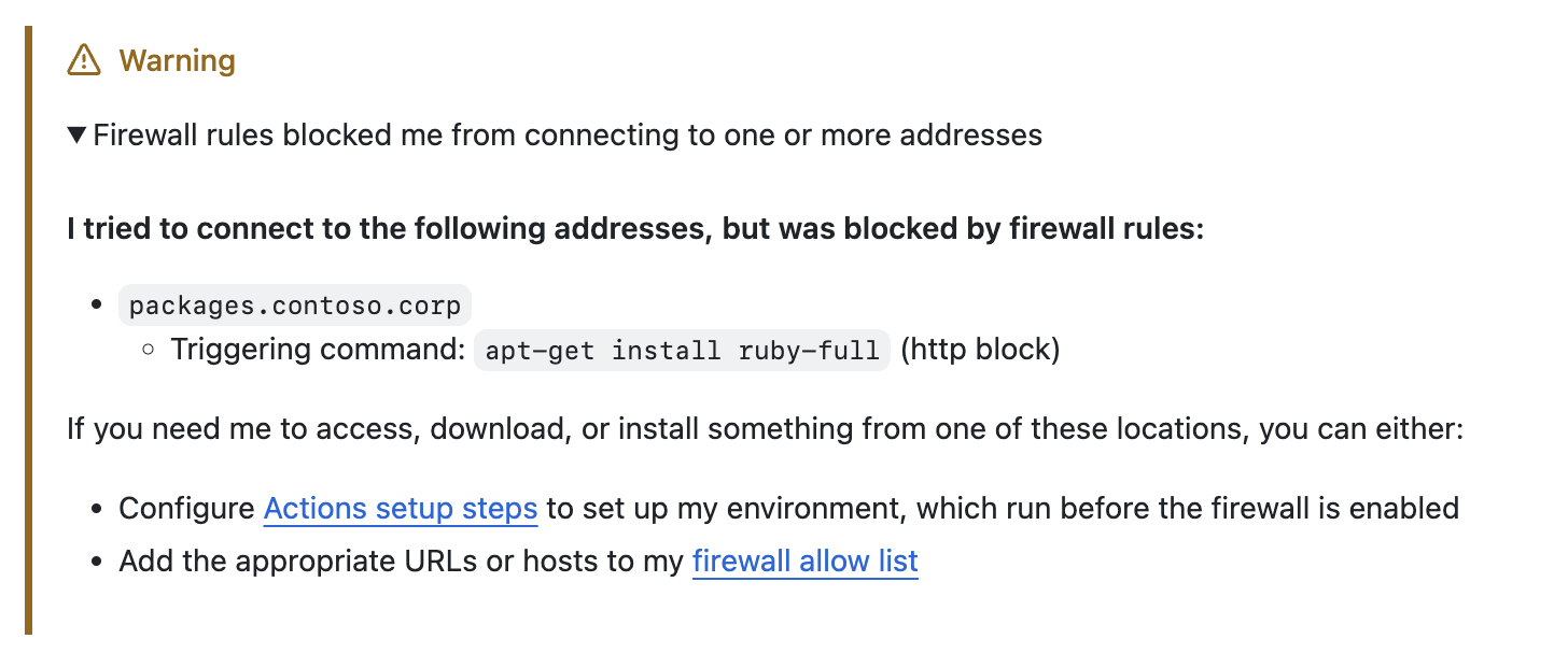 GitHub Copilot warning in a pull request: 'Firewall rules blocked me from connecting to one or more addresses'. It lists packages.contoso.corp with the triggering command 'apt-get install ruby-full (http block)', and offers two fixes: configure Actions setup steps, or add the URLs or hosts to the firewall allow list.
