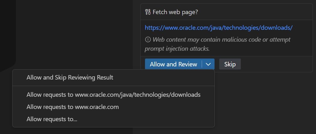 Visual Studio Code 'Fetch web page?' dialog showing a URL, a warning that web content may contain malicious code or prompt injection, an 'Allow and Review' split button with options to skip reviewing the result or allow requests to the exact path, the domain, or a custom pattern.